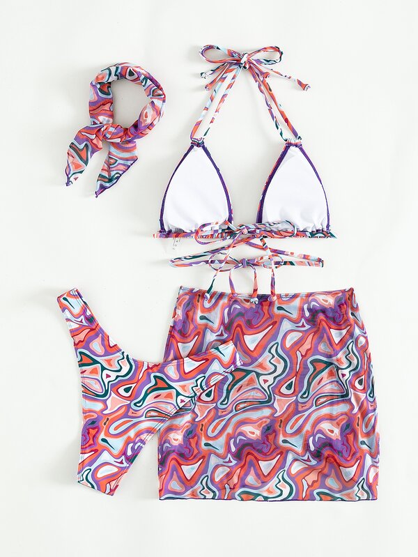 4pack Fluid Pattern Lace Up Bikini Swimsuit & Beach Skirt SHEIN USA