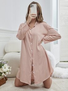 波点印花翻领睡裙，秋冬款，宽松睡裙