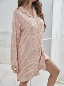 波点印花翻领睡裙，秋冬款，宽松睡裙