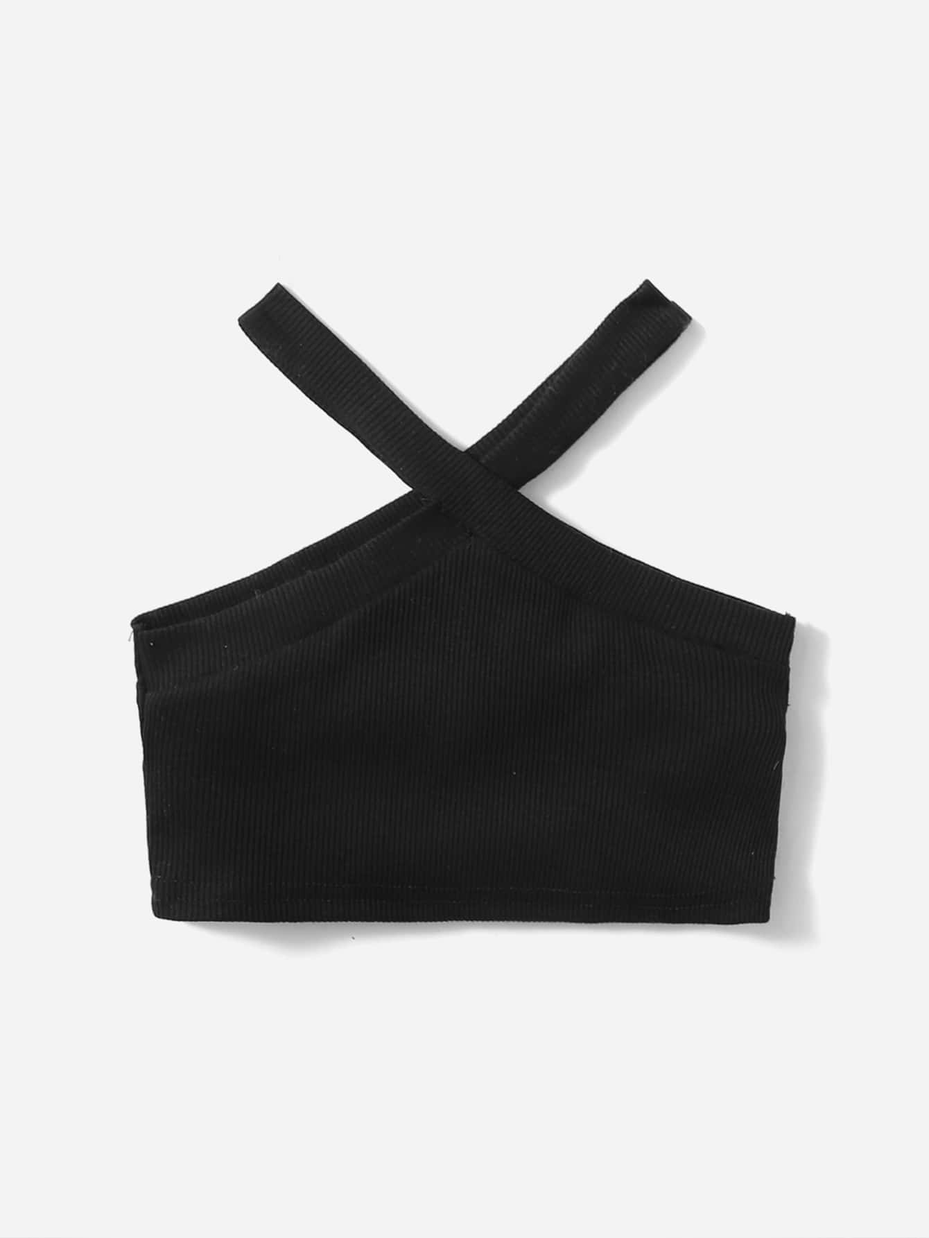 SHEIN Baby Girl Solid Ribbed Knit Halter Top - Black - View 1