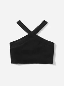 SHEIN Baby Girl Solid Ribbed Knit Halter Top - Black - View 2
