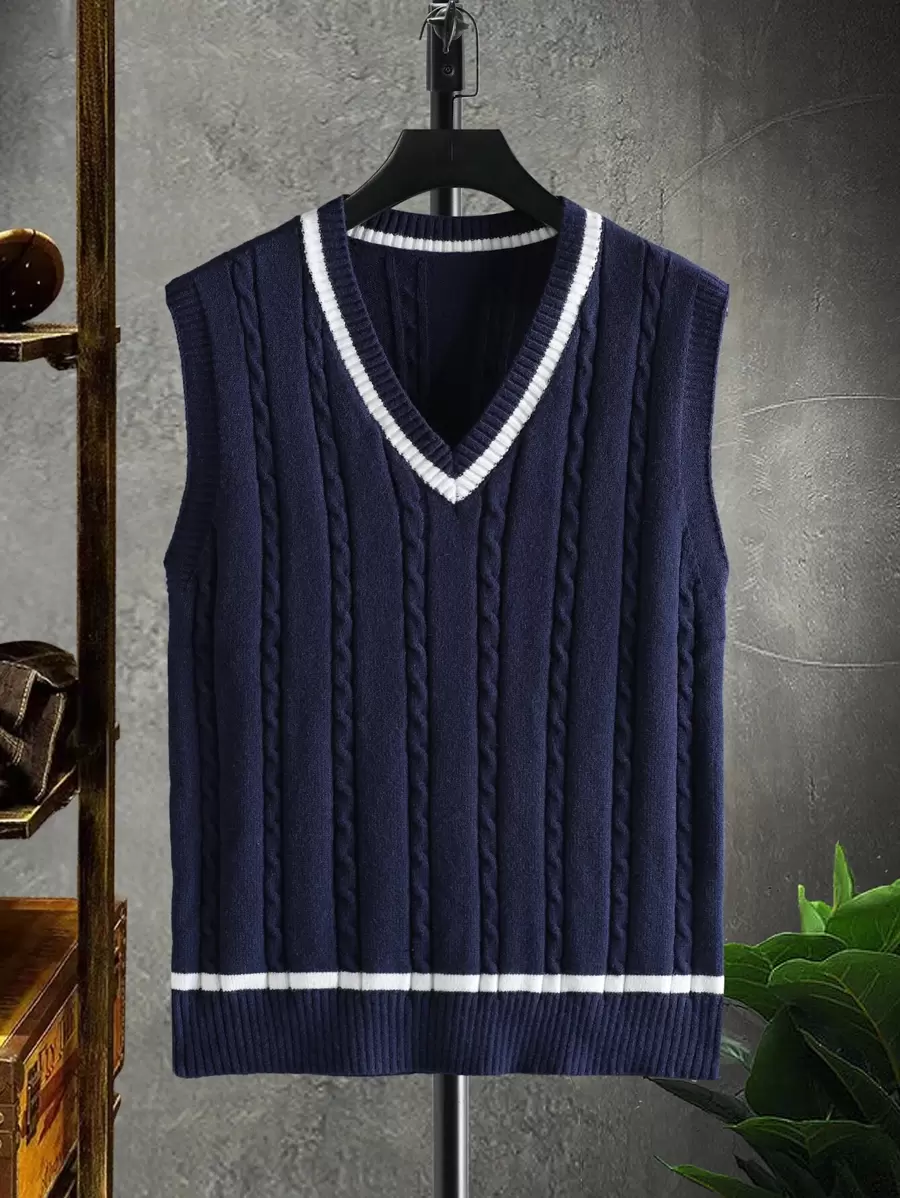 Manfinity Campus Court Men Cable Knit Contrast Panel Sweater Vest , Fall Winter - Navy Blue - View 1