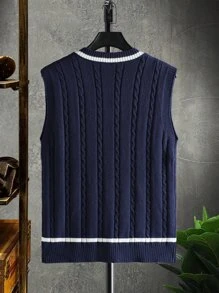 Manfinity Campus Court Men Cable Knit Contrast Panel Sweater Vest , Fall Winter - Navy Blue - View 2