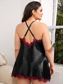 Plus Size Black Satin Babydoll With Red Lace Trim Sexy Lingerie Spaghetti Strap Criss Cross Details Nightwear - Black - View 2