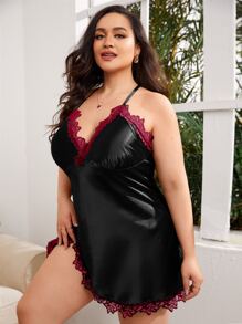Plus Size Black Satin Babydoll With Red Lace Trim Sexy Lingerie Spaghetti Strap Criss Cross Details Nightwear - Black - View 3