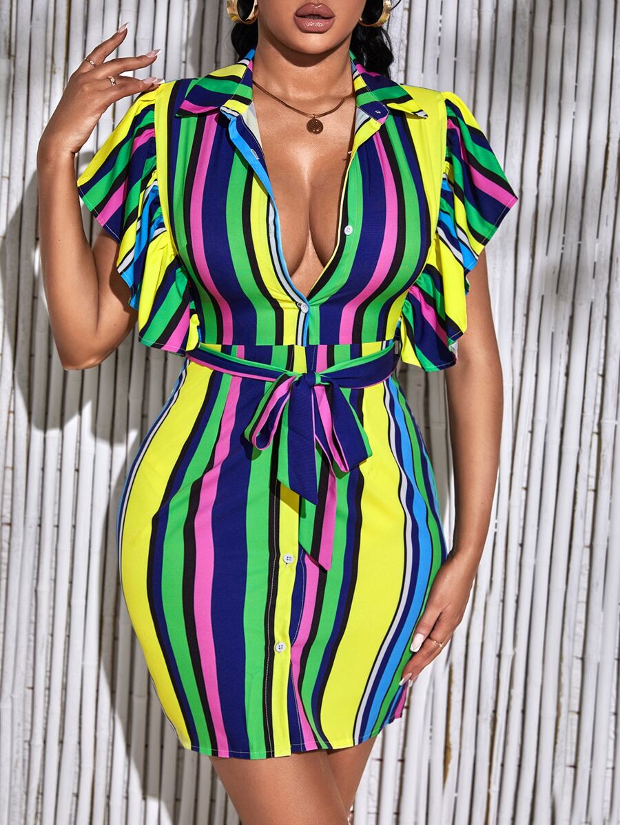 SHEIN SXY Vertical Block Striped Butterfly Sleeve Belted Bodycon Dress