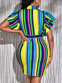 SHEIN SXY Vertical Block Striped Butterfly Sleeve Belted Bodycon Dress