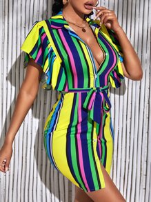 SHEIN SXY Vertical Block Striped Butterfly Sleeve Belted Bodycon Dress