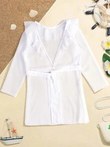 Niñas Kimono ribete con fruncido con cinturón - Blanco - Ver 1