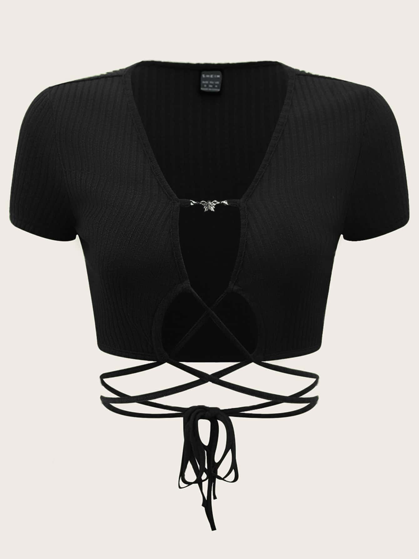 SHEIN ICON Áo nữ Ren lên Gân đan màu trơn Gợi cảm - màu đen - Xem 1
