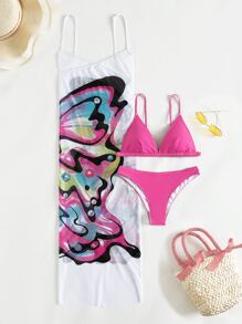 3packs Triangle Bikini & Butterfly Print Cover Up - Multicolor - View 3