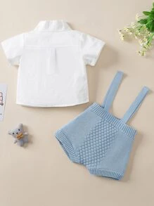 男嬰前蝴蝶結襯衫和紋理質感背帶針織短褲 - 藍白色 - 查看 2