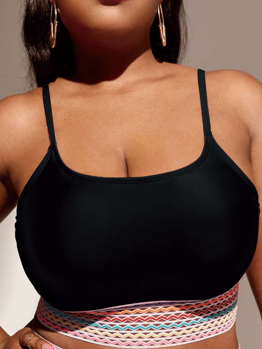 SHEIN Swim Curve Plus Chevron Panel Bikini Top - Black - View 1