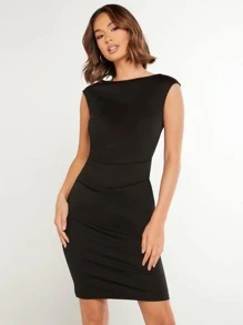 SHEIN Vestido ajustado unicolor sin manga fruncido - Negro - Ver 1