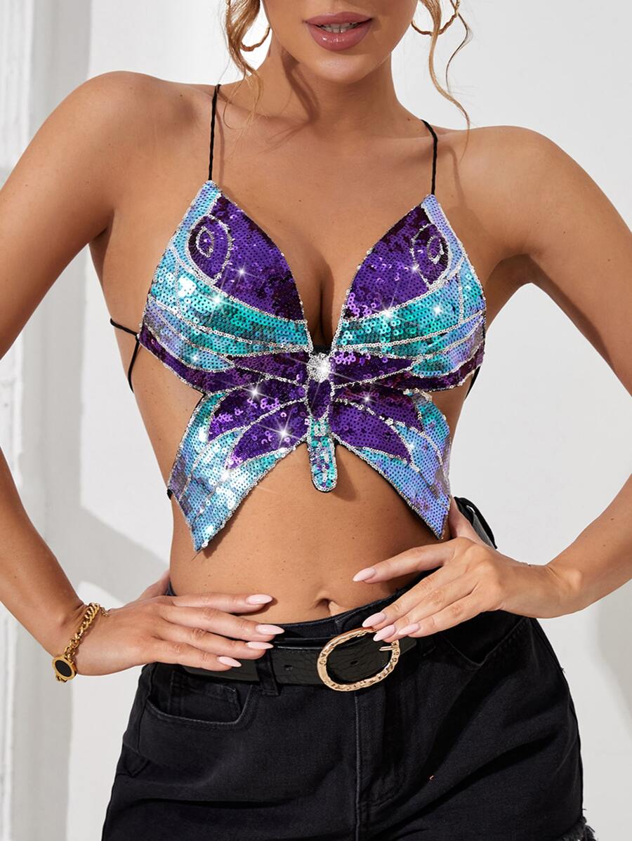Top de tirantes en forma de mariposa de espalda abierta con cordón con lentejuelas - Multicolor - Ver 1