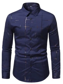 Manfinity Homme 男士金色格子印花衬衫 男士长袖衬衫 男士正装衬衫 - 藏蓝色 - 查看 3