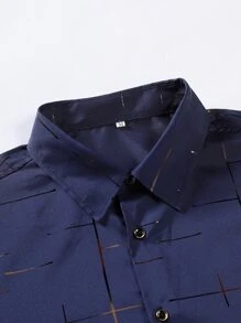 Manfinity Homme 男士金色格子印花衬衫 男士长袖衬衫 男士正装衬衫 - 藏蓝色 - 查看 4