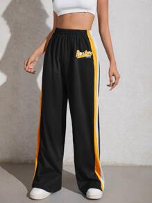 SHEIN Coolane Quần nữ Khối Màu Lá thư Thể thao - màu đen - Xem 4