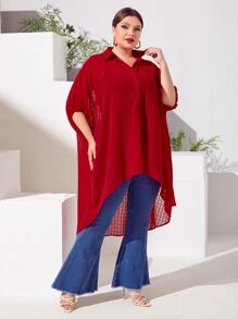 SHEIN LUNE Plus Dip Hem Chiffon Tunic Blouse Without Belt - Red - View 3