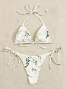 SHEIN Swim Summer Beach Floral Print Halter Triangle Bikini - Multicolor - View 2