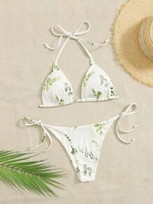 SHEIN Swim Summer Beach Floral Print Halter Triangle Bikini - Multicolor - View 3