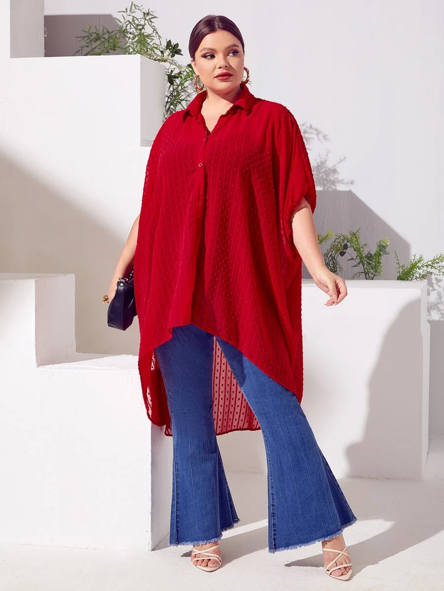 SHEIN LUNE Plus Dip Hem Chiffon Tunic Blouse Without Belt - Red - View 1