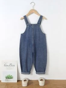 Toddler Girls Letter Patched Detail Heart Print Flap Pocket Denim Overalls - Dark Wash - View 2