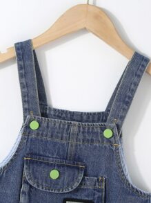 Toddler Girls Letter Patched Detail Heart Print Flap Pocket Denim Overalls - Dark Wash - View 3