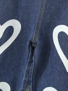 Toddler Girls Letter Patched Detail Heart Print Flap Pocket Denim Overalls - Dark Wash - View 5