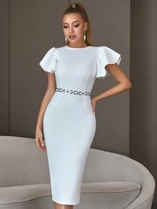 Flutter Sleeve Zip Back Bodycon Graduation Party Dress Without Belt - White - View 3