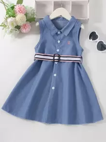 SHEIN 1 件年轻女孩收腰翻领无袖连衣裙，适合休闲、派对、日常、学校、郊游、聚会、夏季