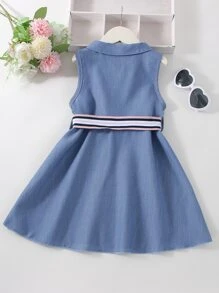 SHEIN 1 件年轻女孩收腰翻领无袖连衣裙，适合休闲、派对、日常、学校、郊游、聚会、夏季