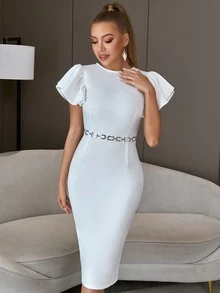 Flutter Sleeve Zip Back Bodycon Graduation Party Dress Without Belt - White - View 6