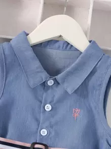 SHEIN 1 件年轻女孩收腰翻领无袖连衣裙，适合休闲、派对、日常、学校、郊游、聚会、夏季