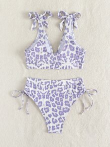 Leopard Ribbed Bikini Set Knot Shoulder Wireless Bra & Drawstring High Waisted Bikini Bottom 2 Pieces Bikini Summer Beach - Multicolor - View 2