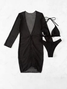 Summer Beach 3packs Halter Triangle Bikini & Cover Up - Black - View 2