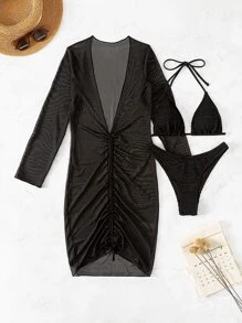 Summer Beach 3packs Halter Triangle Bikini & Cover Up - Black - View 4