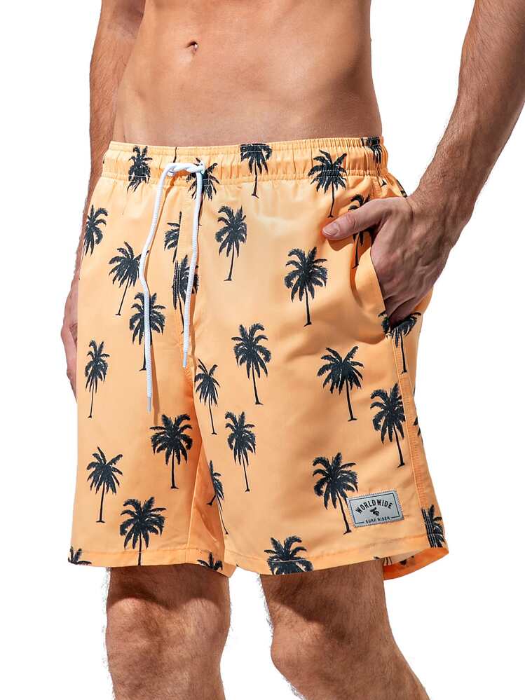 Manfinity Masculino Short de banho Impressão de palmeira Detalhe da letras remendada Cintura com cordão - Laranja - Visão 1