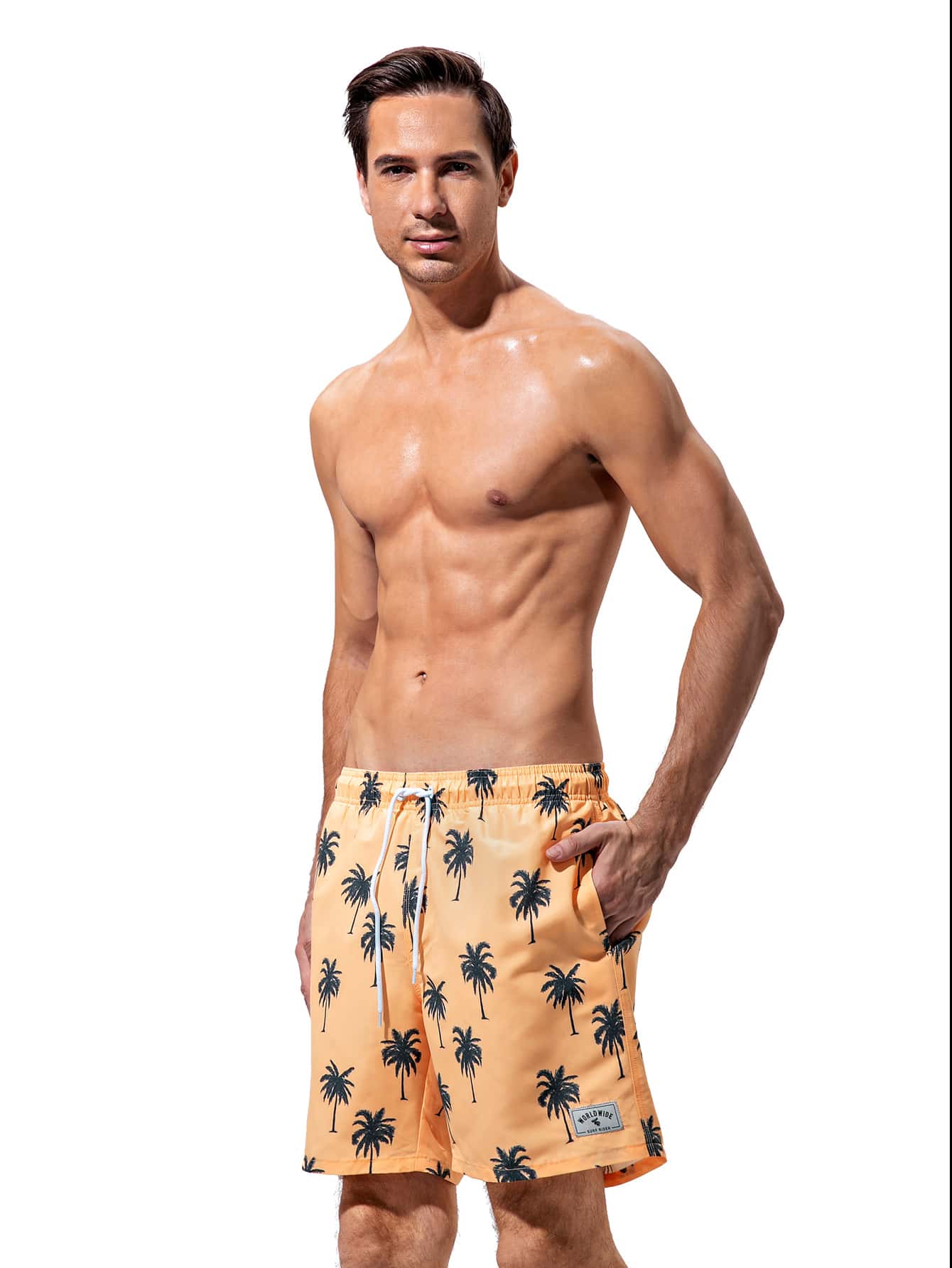 Manfinity Masculino Short de banho Impressão de palmeira Detalhe da letras remendada Cintura com cordão - Laranja - Visão 3