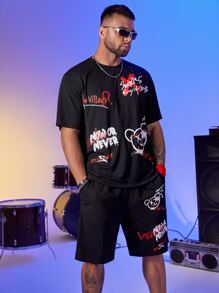 EASEVO Men Plus Bear & Slogan Graphic Tee & Shorts - Black - View 3