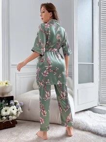 花卉印花对比滚边束带缎面长袍和裤子睡衣套装/睡衣套装 - 彩色 - 查看 2