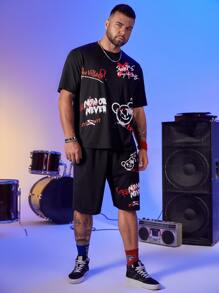 EASEVO Men Plus Bear & Slogan Graphic Tee & Shorts - Black - View 5