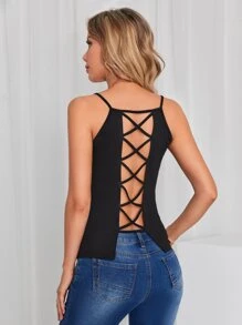 Cut Out Crisscross Back Cami Top - Black - View 1