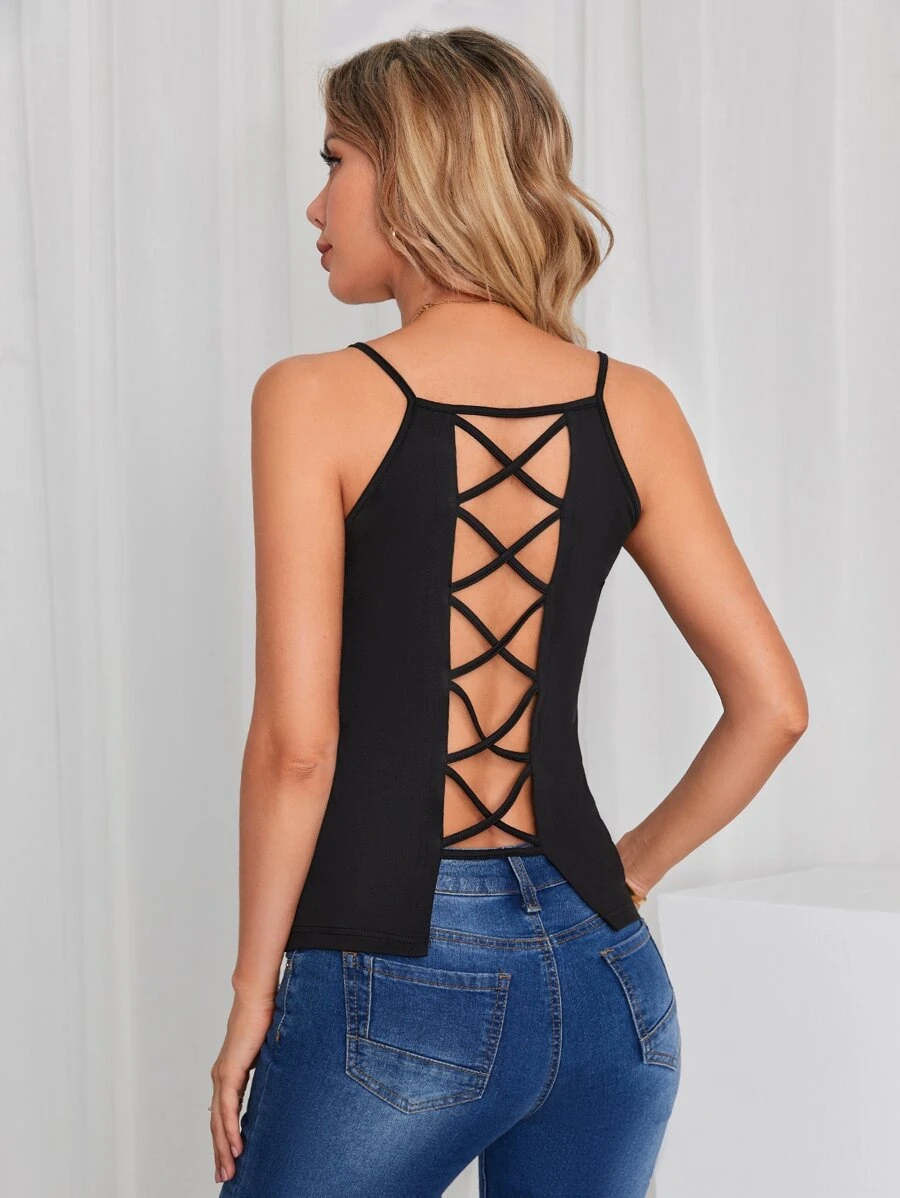 Cut Out Crisscross Back Cami Top - Black - View 1