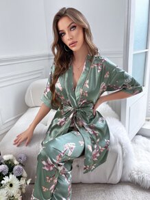 花卉印花对比滚边束带缎面长袍和裤子睡衣套装/睡衣套装 - 彩色 - 查看 4