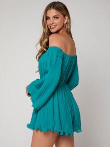 SHEIN VCAY Off Shoulder Pleated Trumpet Sleeve Lettuce Trim Chiffon Romper - Cadet Blue - View 2
