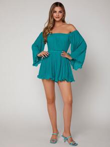 SHEIN VCAY Off Shoulder Pleated Trumpet Sleeve Lettuce Trim Chiffon Romper - Cadet Blue - View 4