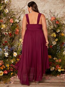 SHEIN Belle 大碼扭結鏤空高低下擺網紗伴娘連衣裙 - 紫紅色 - 查看 2