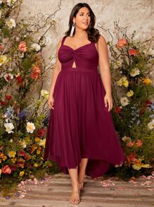 SHEIN Belle 大碼扭結鏤空高低下擺網紗伴娘連衣裙 - 紫紅色 - 查看 5