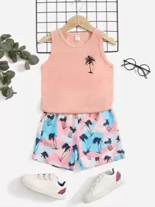SHEIN Young Boy Coconut Tree Print Tank Top & Shorts